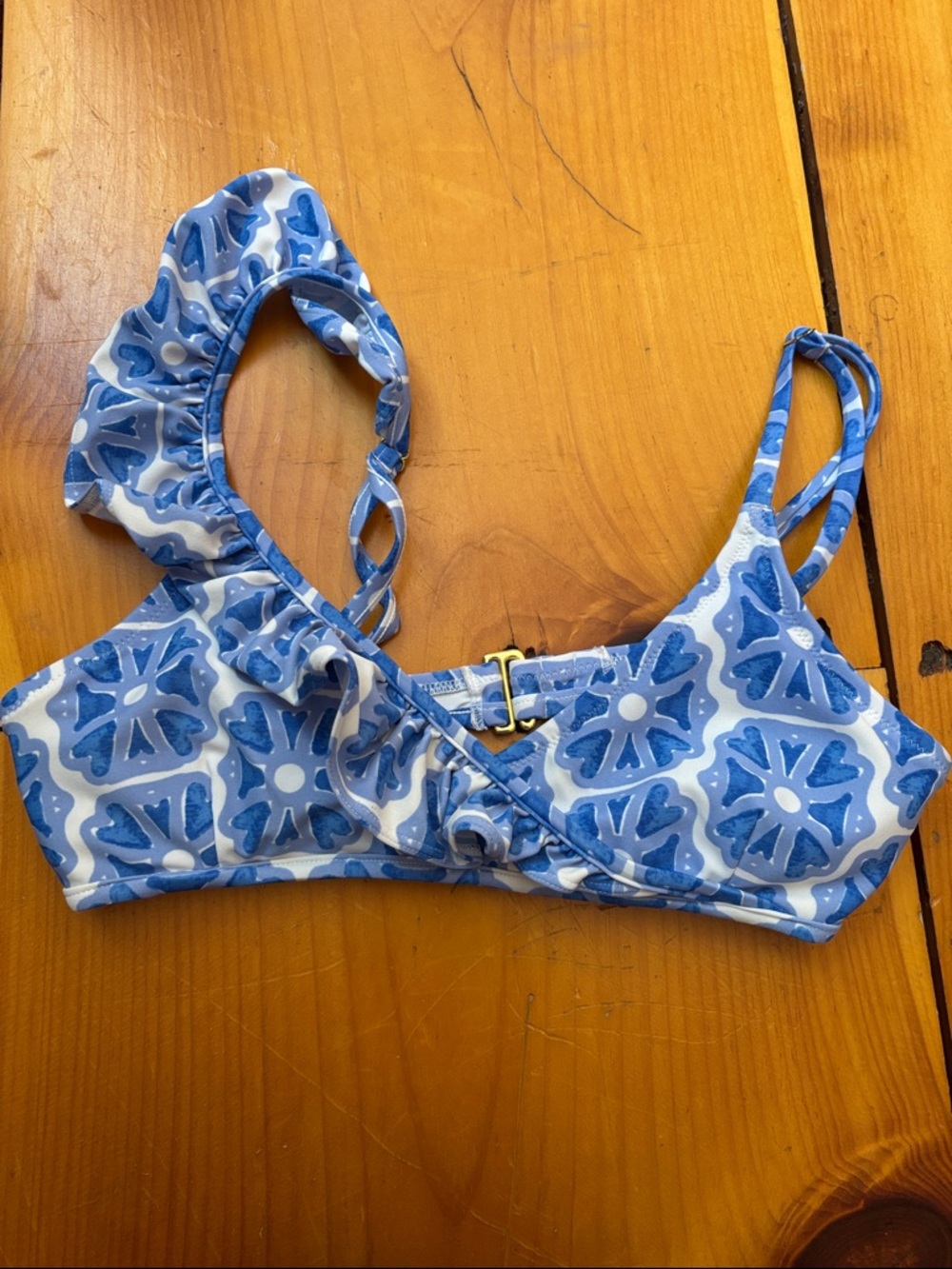 VINEYARD VINES XS Darling One-Shoulder Ruffled Bikini Top Blue/Lavendar